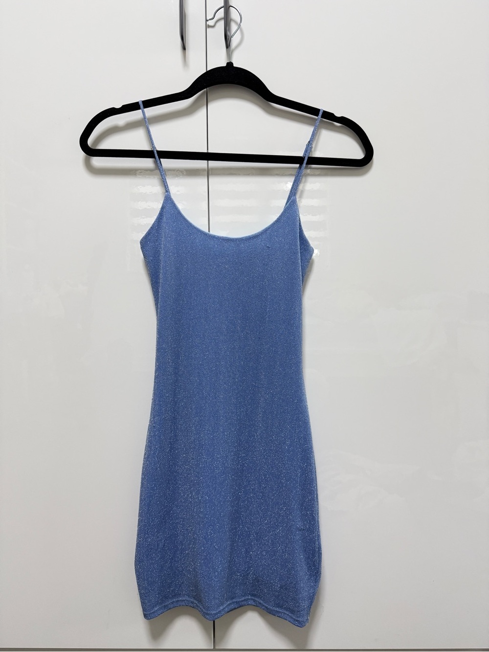 Lucy in the Sky Shimmery Light Blue Spaghetti Strap Mini Dress